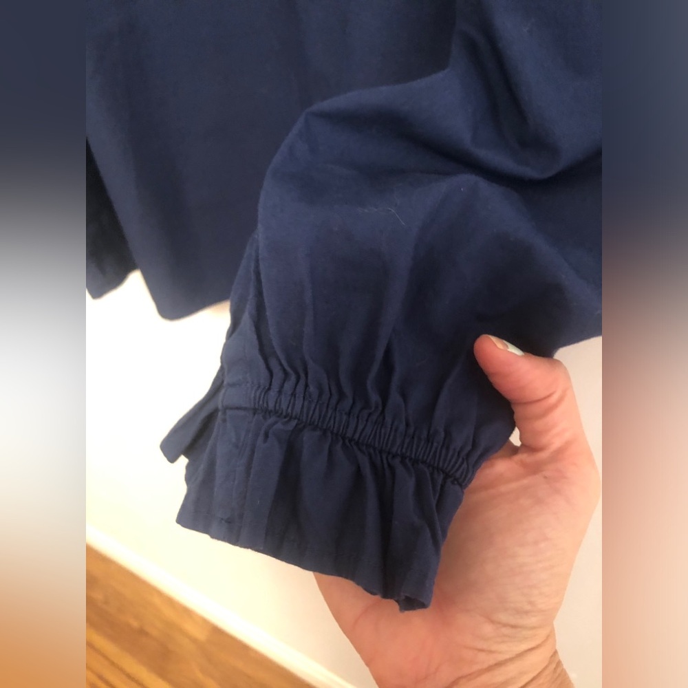 J Crew Long Sleeve Boho Navy Blue Embroidered Cotton Top Size M Ruffle Cuffs - Picture 4 of 7